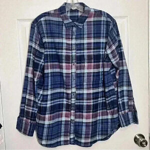 AERIE Pink Navy Blue Button Up Long Sleeve Flannel | size small